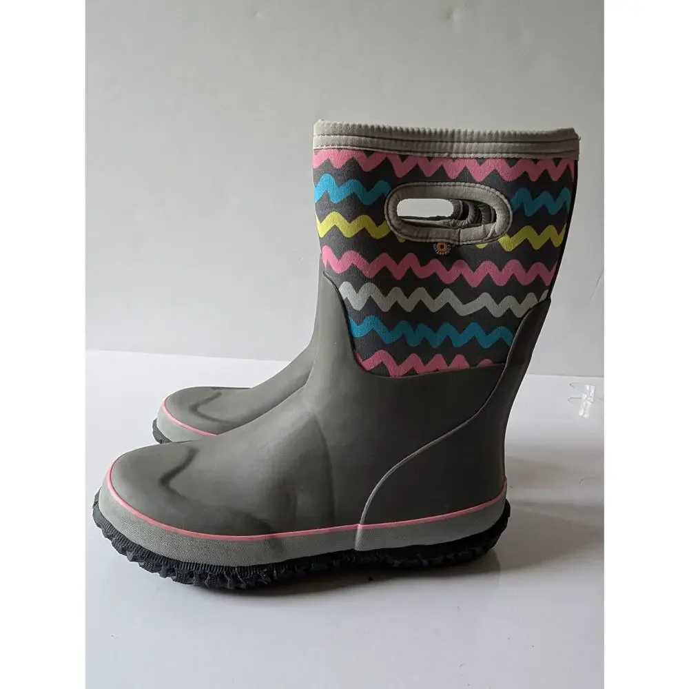 BOGS K Grasp Waterproof Rain Snow Boots Stripes‎ Gray Stripes Youth 6